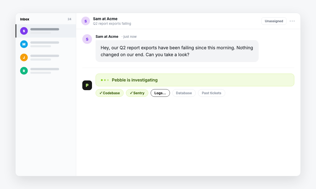 The Intercom inbox: a new customer conversation, with Pebble already investigating across code, logs, and database