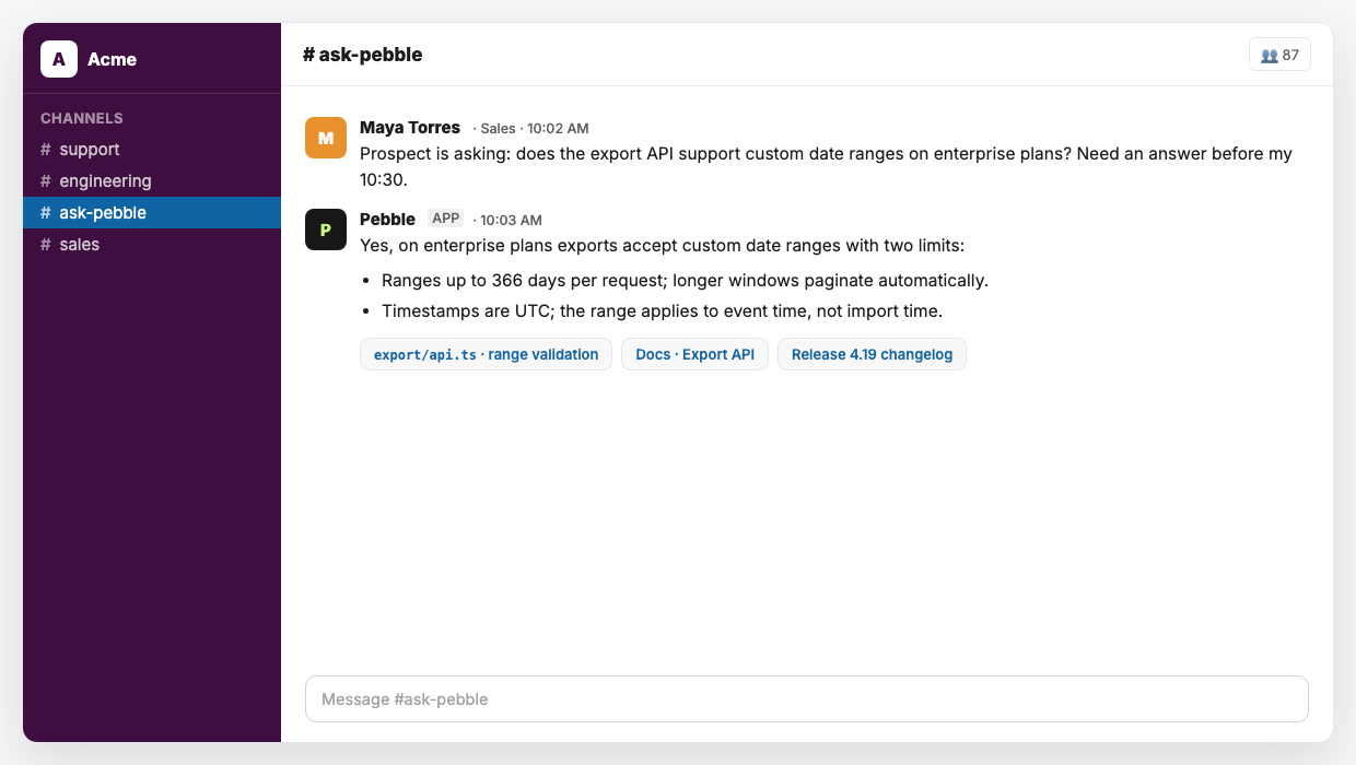 Pebble answering a sales question in Slack with a cited answer: range limits from the export API code, docs, and the release changelog